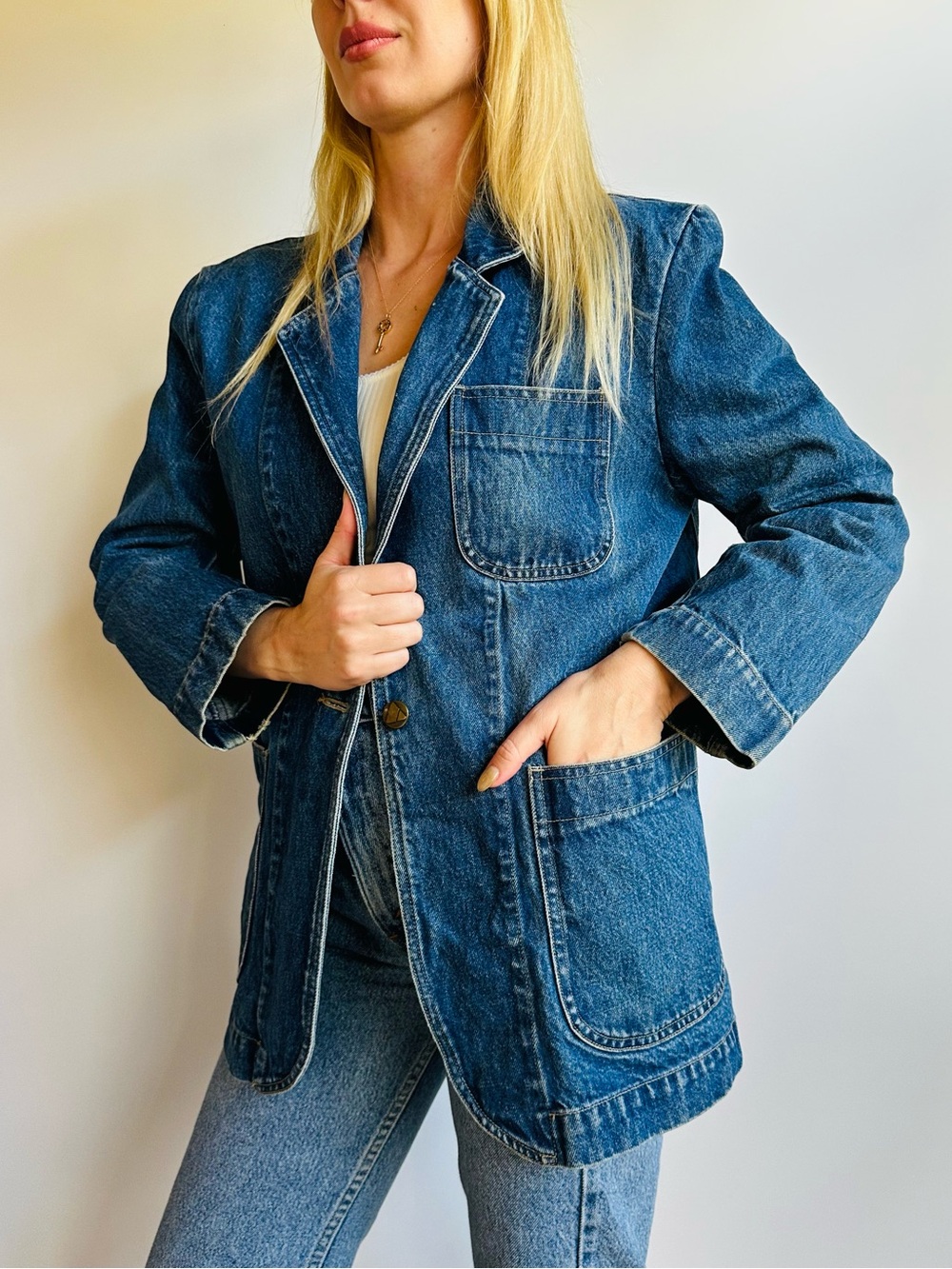Vintage Lizwear Denim Blazer Jacket 90s Medium Wash Chore Coat Cotton Pockets